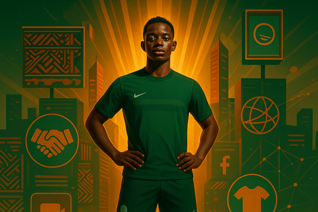 Young African footballer in green jersey standing confidently with branding icons behind him, symbolizing athlete branding in Africa and fan engagement.
