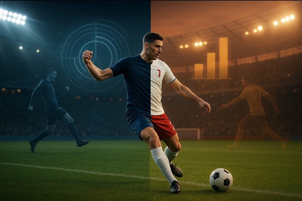 A football player stands at the center of a split scene showing two contrasting roles. The left side, in cool blue tones, represents his club duties under stadium floodlights, with data rings symbolizing analysis. The right side, in warm orange light, portrays his national team role with rising bar charts showing value and performance growth. The image visually expresses how a player’s position and tactical role affect market perception and valuation.