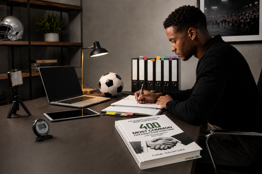 FIFA agent exam candidate studying with practice materials and the 400 Most Common FIFA Agent Exam Questions book.