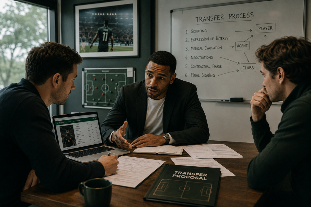 Football agent and club representatives discussing a player transfer behind the scenes.