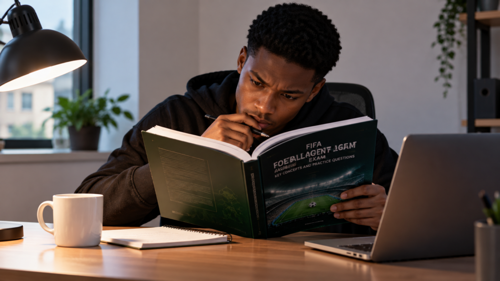 A young man studying for FIFA Agent exam