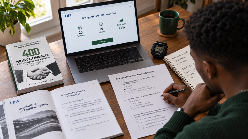 FIFA Agent Exam 2027 format showing 20 questions, 60 minutes and a 75% pass mark